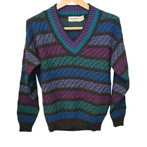 Vintage New Era Sweater Mens Medium Multicolor V-Neck Pullover Open Knit Preppy
